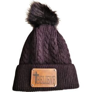Christian Black Cableknit Pom Beanie with Faux Leather "Believe" Patch